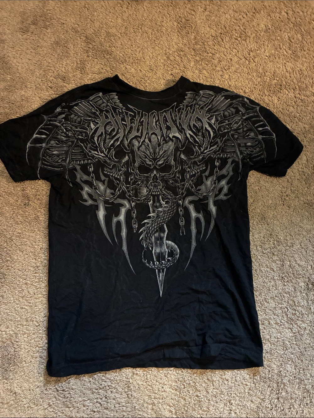 Affliction Black Short Sleeve Graphic Tee with Gray Skull Design